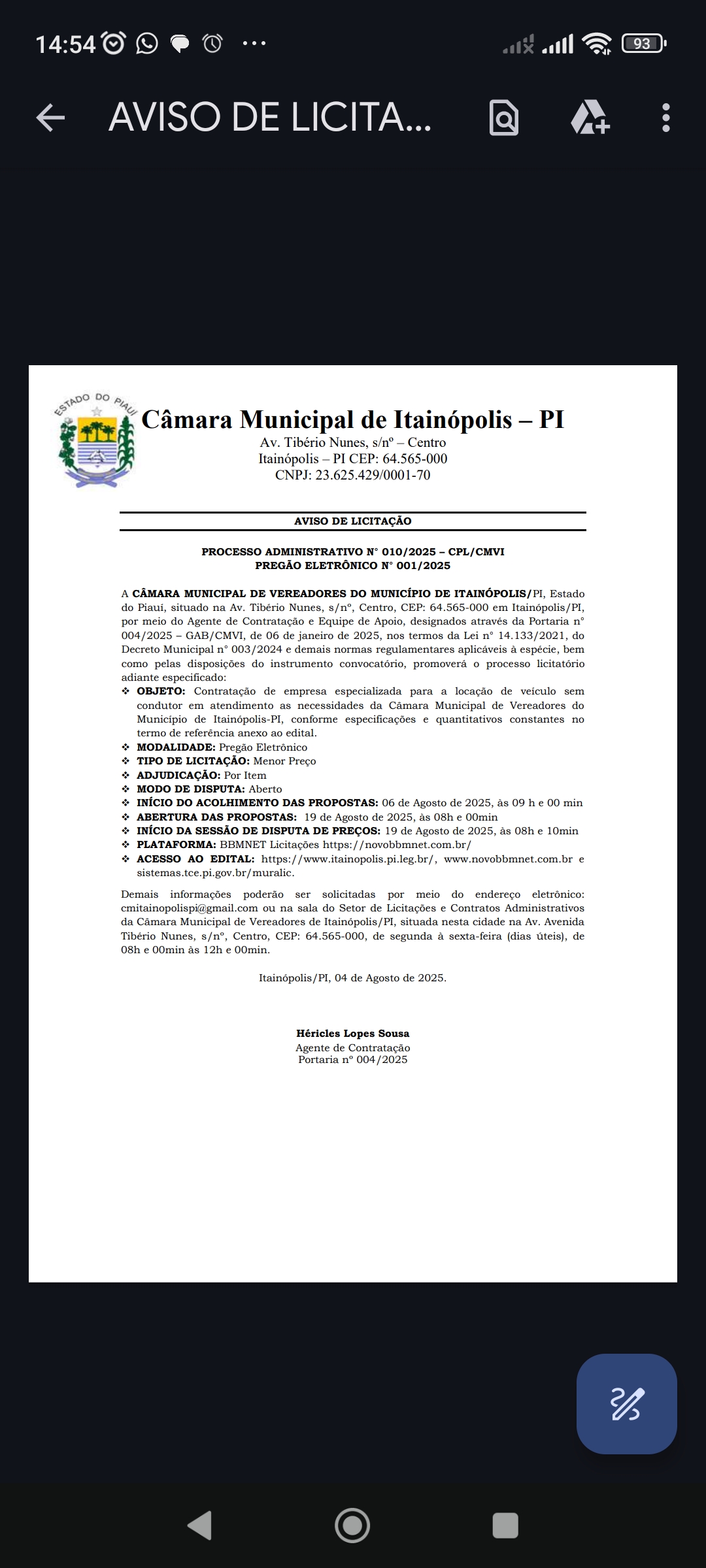 AVISO DE LICITAÇÃO - PREGÃO 001/2025 🚗